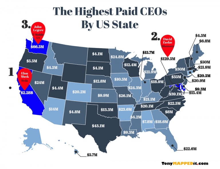 This Map Shows The Top Paid CEOs By US State For 2018 - Tony Mapped It