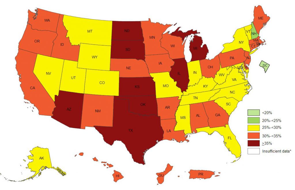 This map shows the pecentage of obese hispanic aldults in the united states by us state