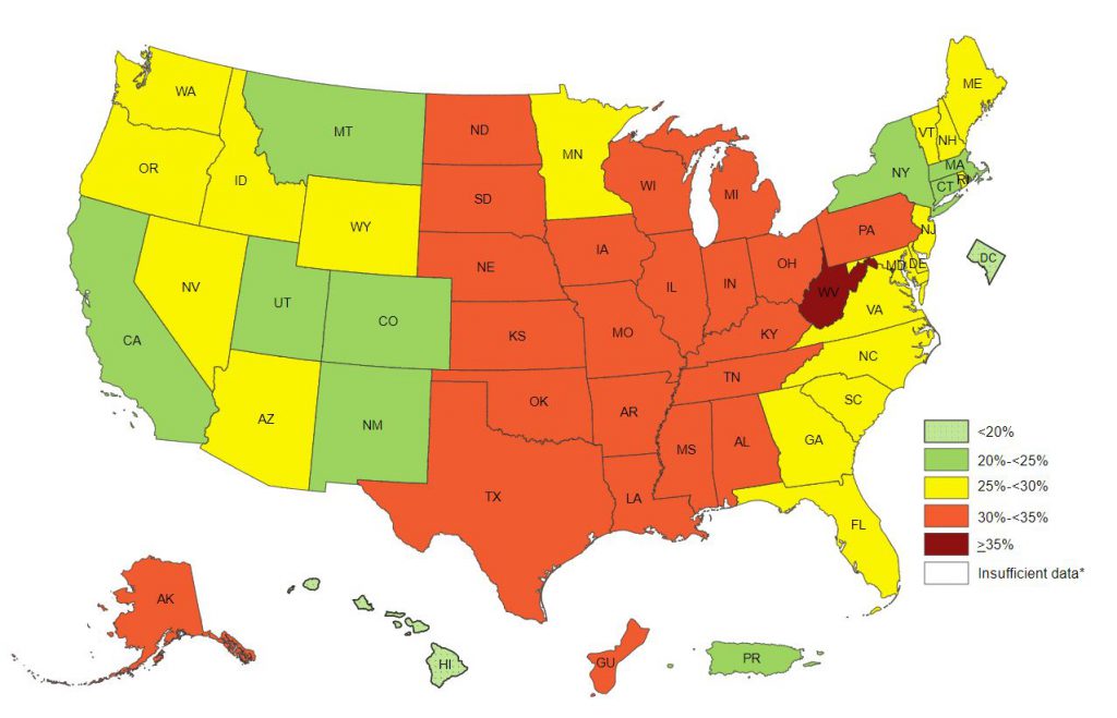 This map shows the pecentage of obese non-hispanic white aldults in the united states by us state