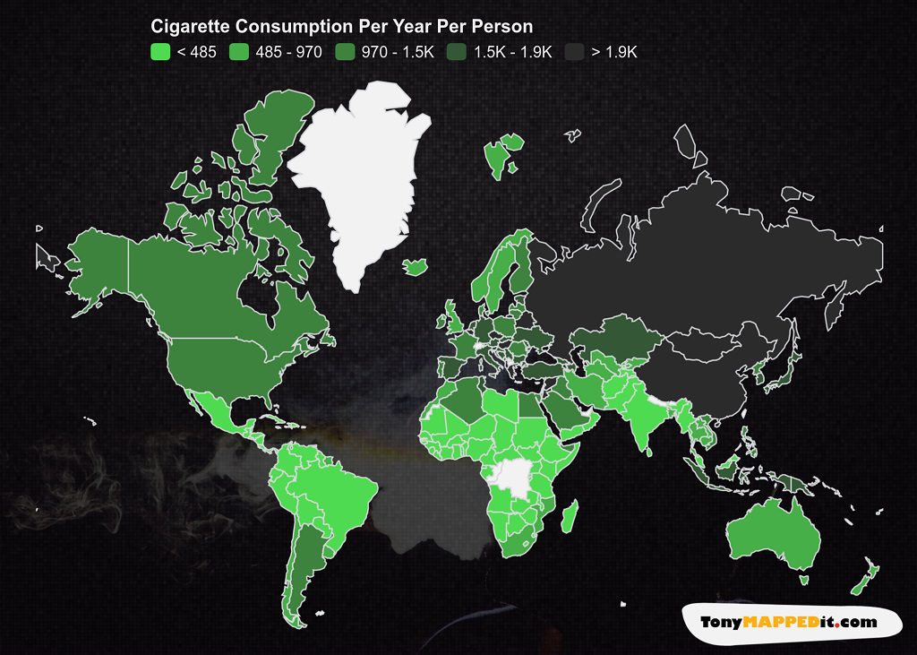 This Map Shows The Amount Of Cigarettes Per Capita Per Year In The World By Country