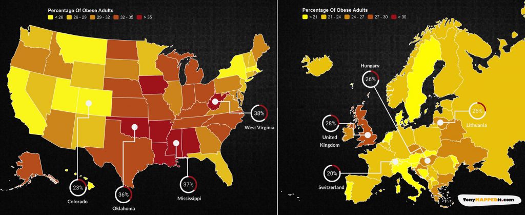 This Map Show Obesity Rates In The USA versus Europe