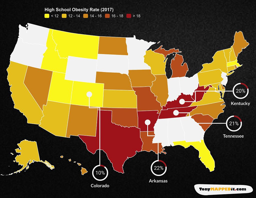 This map shows the pecentage of obese high school students in the united states by us state