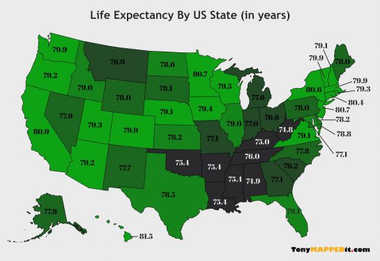 Life Expectancy By US State Map - Tony Mapped It