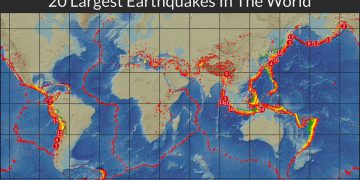 this map shows the 20 largest earthquakes in the world history