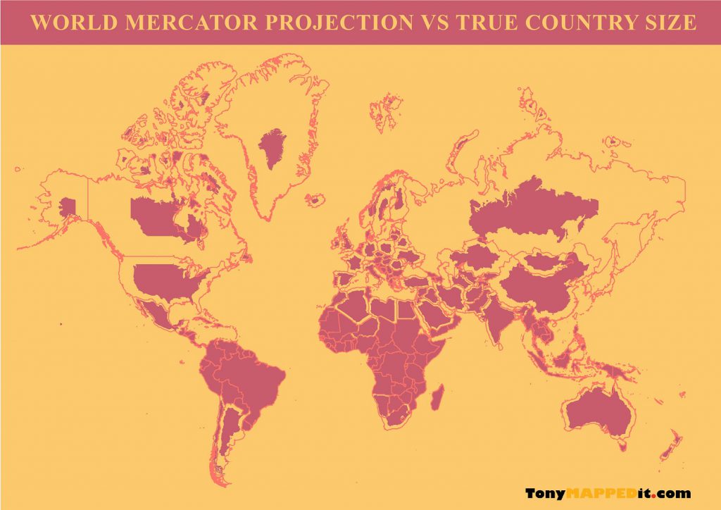 Mercator Vs The True Size Of Each Country Tony Mapped It   Mercator Projection Vs True Country Size 1024x724 